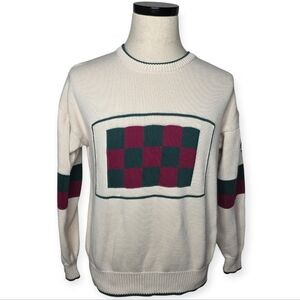 Vintage Aureus Cotton Knit Sweater Ivory Green Burgundy Check Stripe M
